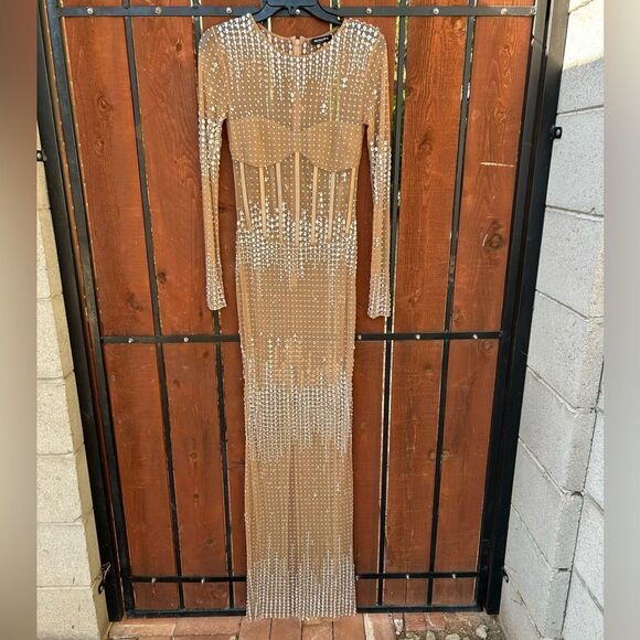Retrofete Crystal Long sleeve Dress Size Small Nude/Silver - Picture 2 of 10